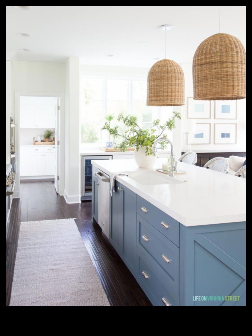 Kā, izmantojot dekoru idejas, izveidot piekrastes iedvesmotu virtuvi ar ziliem akcentiem?