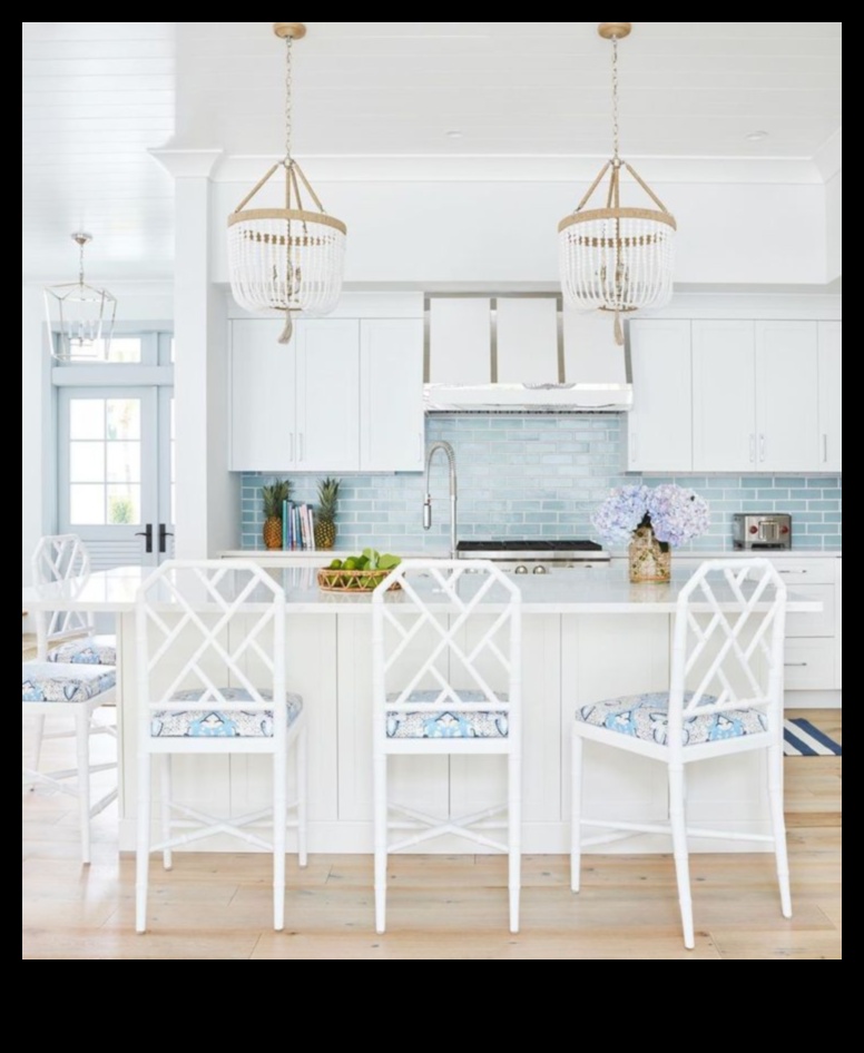 Kā, izmantojot dekoru idejas, izveidot piekrastes iedvesmotu virtuvi ar ziliem akcentiem?