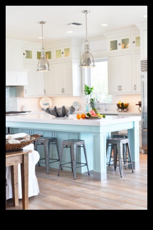 Kā, izmantojot dekoru idejas, izveidot piekrastes iedvesmotu virtuvi ar ziliem akcentiem?