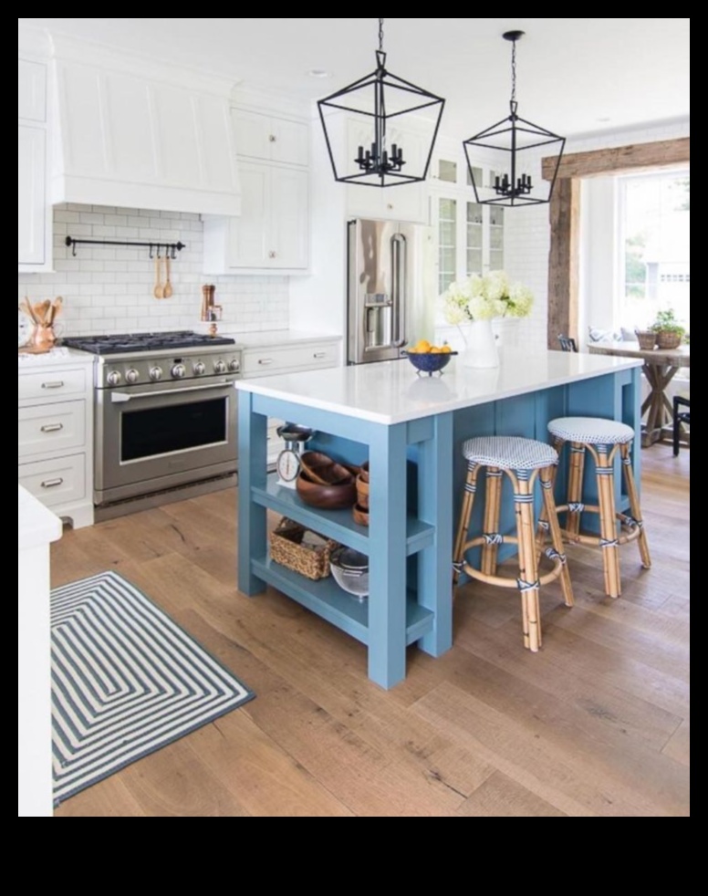 Kā, izmantojot dekoru idejas, izveidot piekrastes iedvesmotu virtuvi ar ziliem akcentiem?